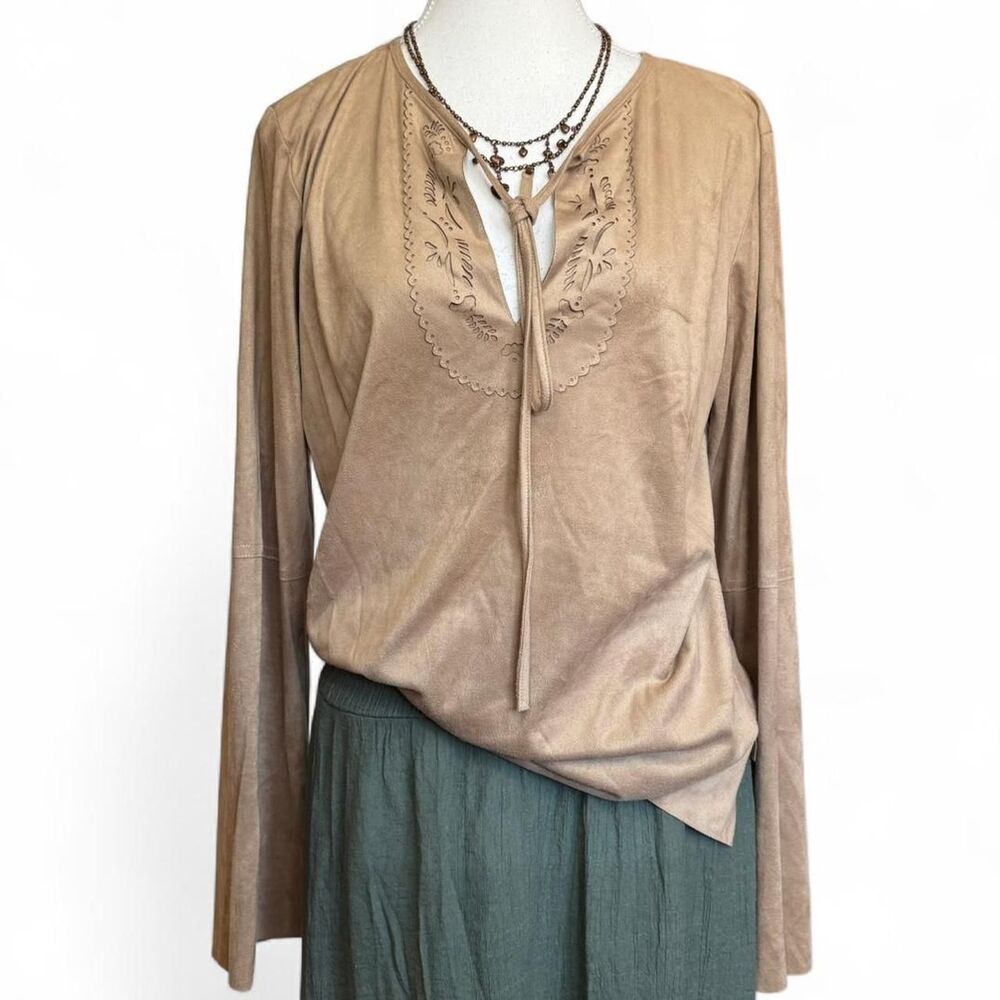 Vintage Y2K brown faux suede long sleeve top with paisley cutout design